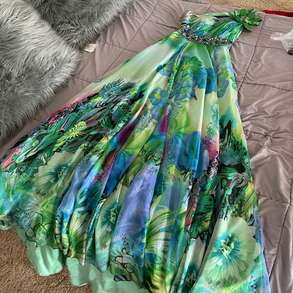 Strapless Floral Evening Gown in Green and Blue